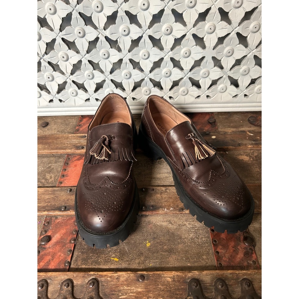 Beau Today Brown Leather Chunky Lug Sole Tassel Kiltie Brogue Loafers Size 9.5